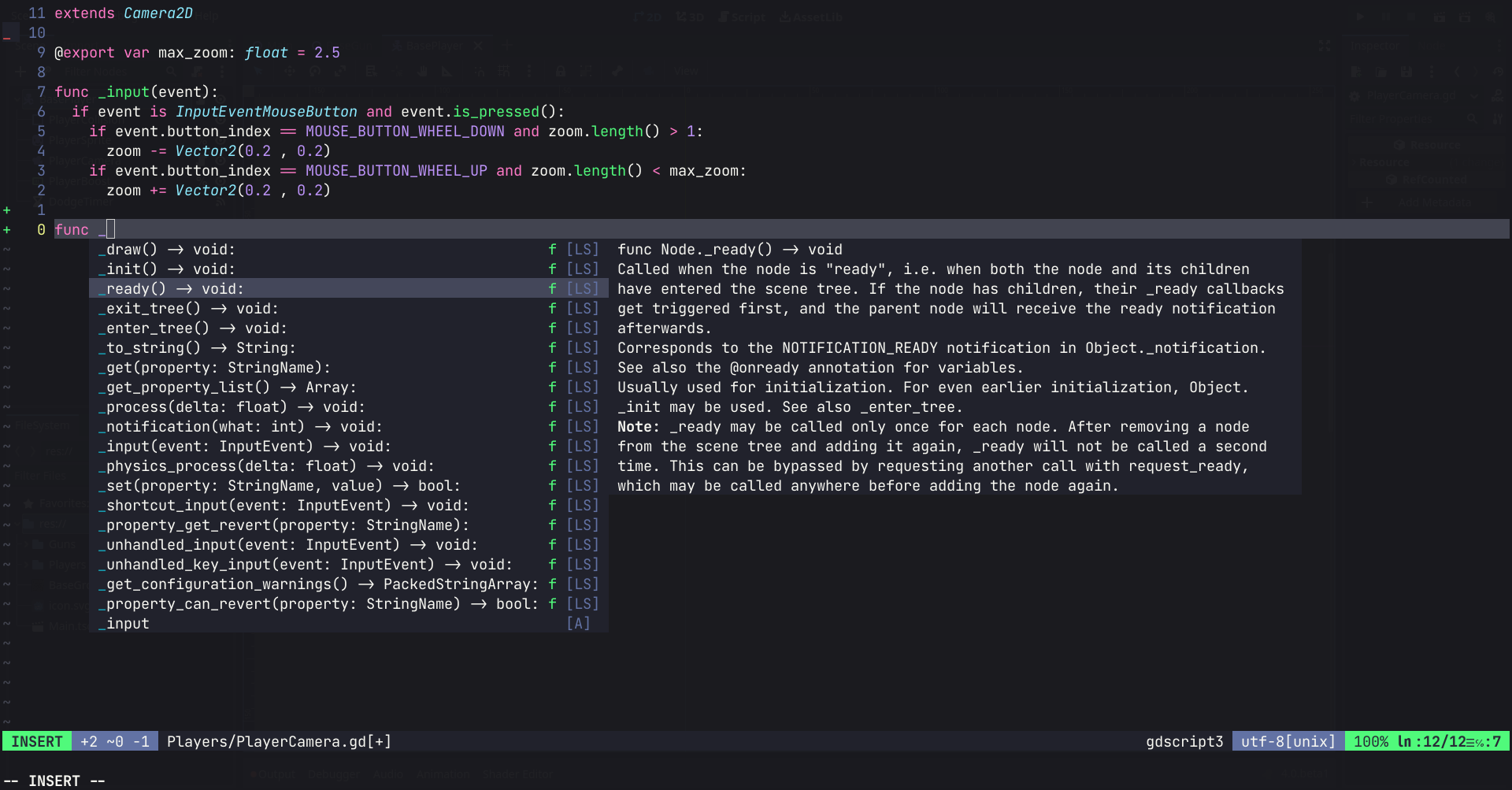 Neovim opened with Godot